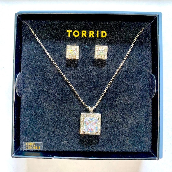 Cubic Zirconia Square Necklace and Earrings Set